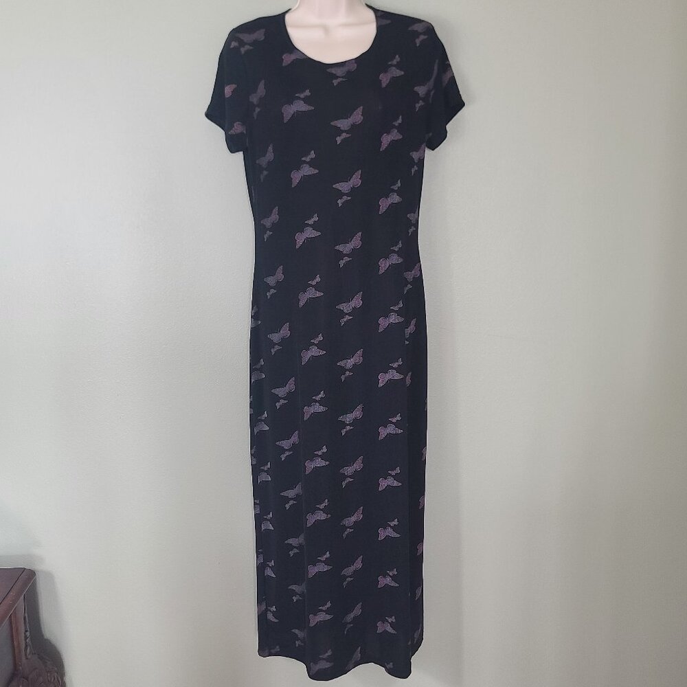 Vintage The Attic Brand Black Butterfly Print Maxi Dress